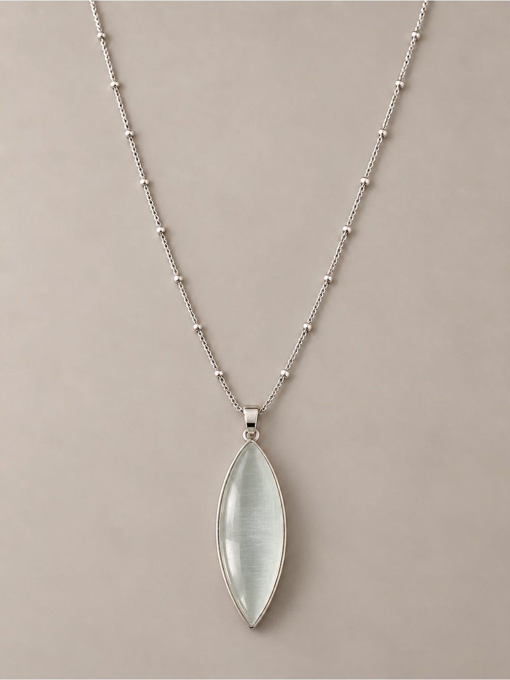 Long Silver Tone White Cat Eye Marquise Pendant Necklace 36”
